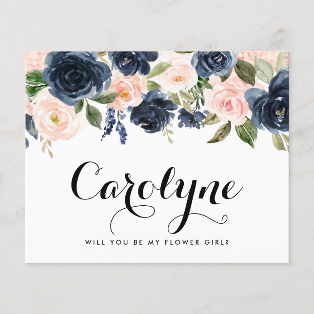 Blush and Navy Flowers Will You Be My Flower Girl (Front)