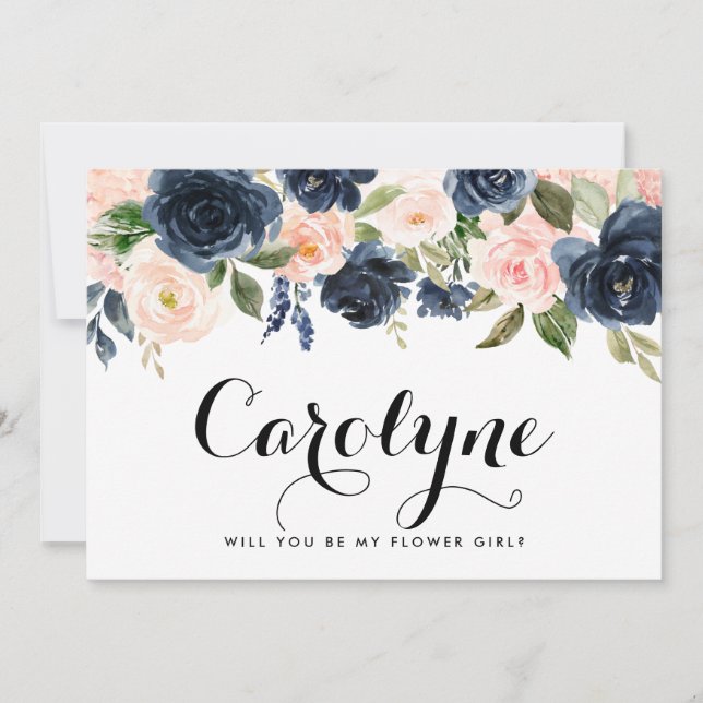 Blush and Navy Flowers Will You Be My Flower Girl Announcement (Front)