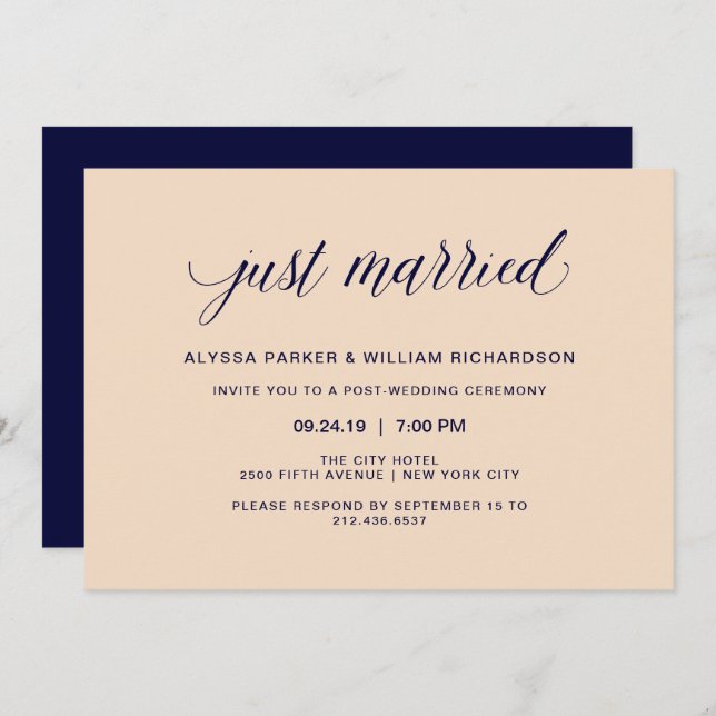 Blush and Navy Typography Just Married Celebration Invitation (Front/Back)