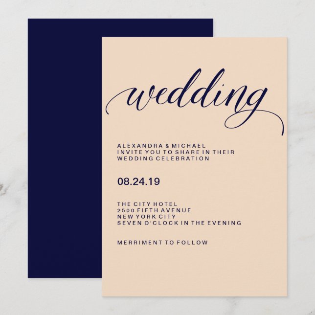 Blush and Navy Typography Wedding Invitation (Front/Back)