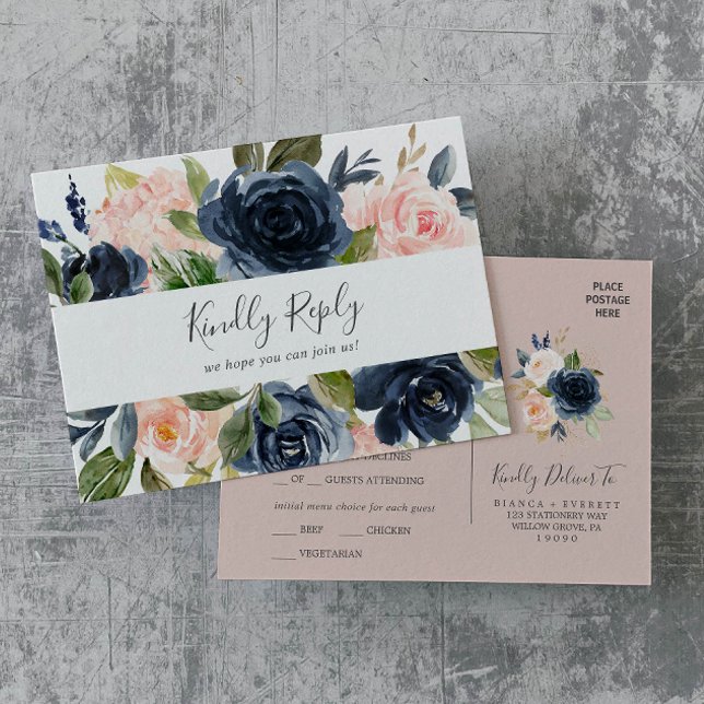 Blush and Navy | White Menu Choice RSVP Postcard (Creator Uploaded)