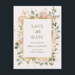 Blush and Neutral Floral | Wedding Save the Date Postcard<br><div class="desc">This gorgeous, floral wedding save the date postcard features an elegant, gold rectangular frame surrounded by lovely rustic watercolor flowers in neutral and blush shades, and gold and green leaves. The background of the postcard is trendy blush pink. The back features a matching floral design, and room for an additional...</div>