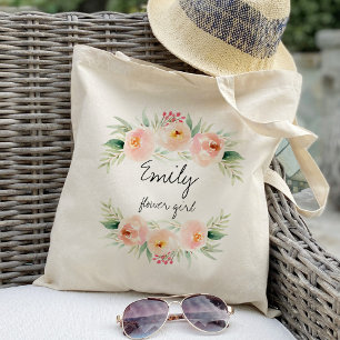 blush and peach pink floral flower girl favour tote bag