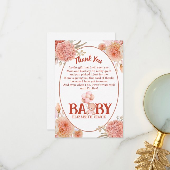 Blush and Pink Bear Baby Shower Thank You Card (Front/Back In Situ)