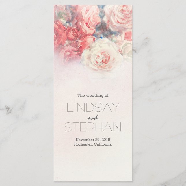 Blush and Pink Roses Watercolor Wedding Program Programme (Front)