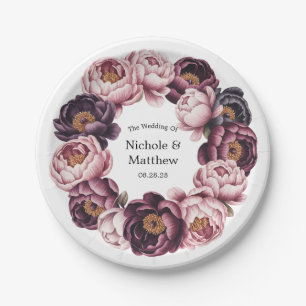 Blush and Plum Peony Wreath Wedding Paper Plate
