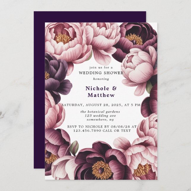 Blush and Plum Peony Wreath Wedding Shower Invitation (Front/Back)