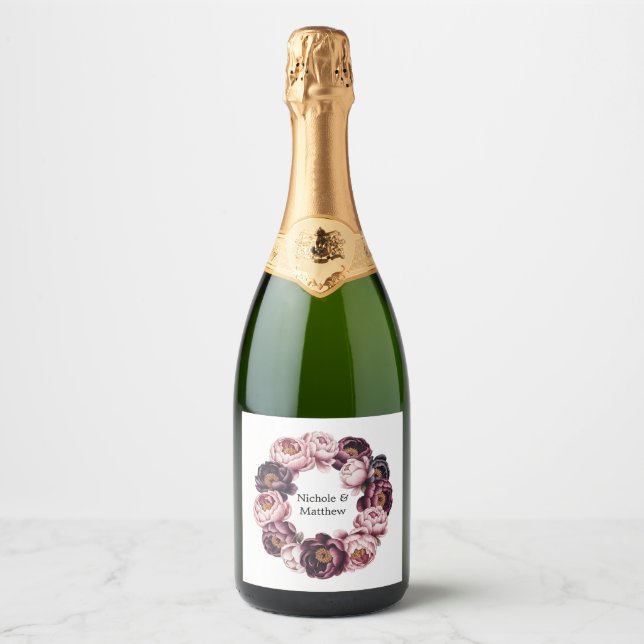 Blush and Plum Peony Wreath Wedding Sparkling Wine Label (Front)