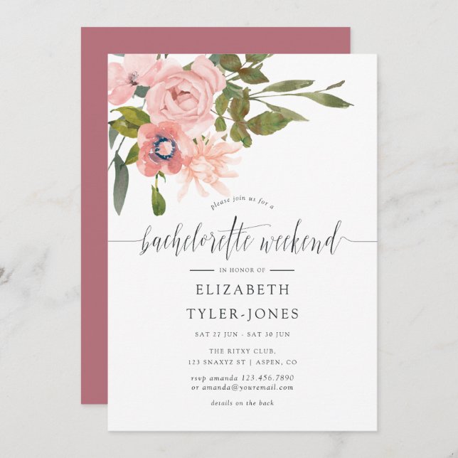 Blush and Rose Gold Bachelorette Weekend Itinerary Invitation (Front/Back)