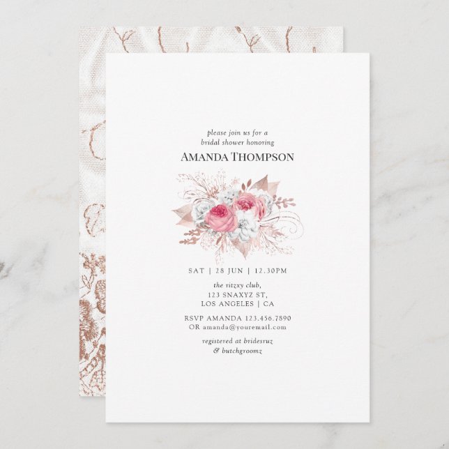 Blush and Rose Gold Floral and Lace Bridal Shower Invitation (Front/Back)