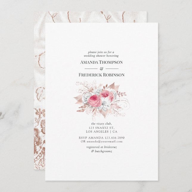 Blush and Rose Gold Floral and Lace Wedding Shower Invitation (Front/Back)