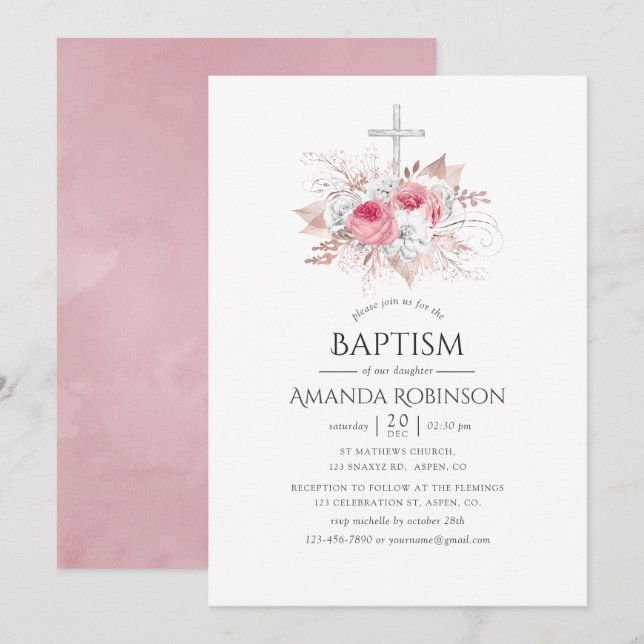 Blush and Rose Gold Floral Baptism or Christening Invitation (Front/Back)