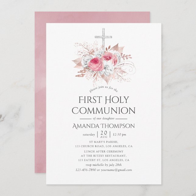 Blush and Rose Gold Floral First Holy Communion Invitation (Front/Back)