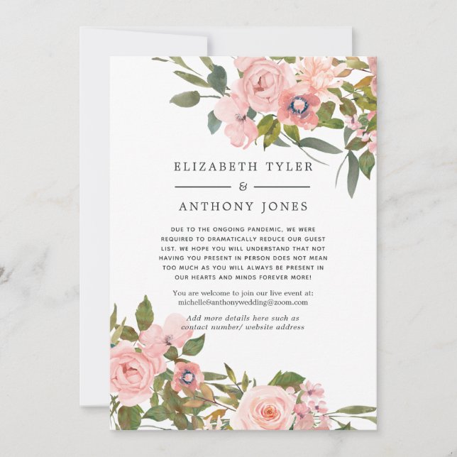 Blush and Rose Gold Floral Reduced Wedding Guest Announcement (Front)