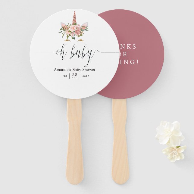 Blush and Rose Gold Floral Unicorn Baby Shower Hand Fan (Front and Back)