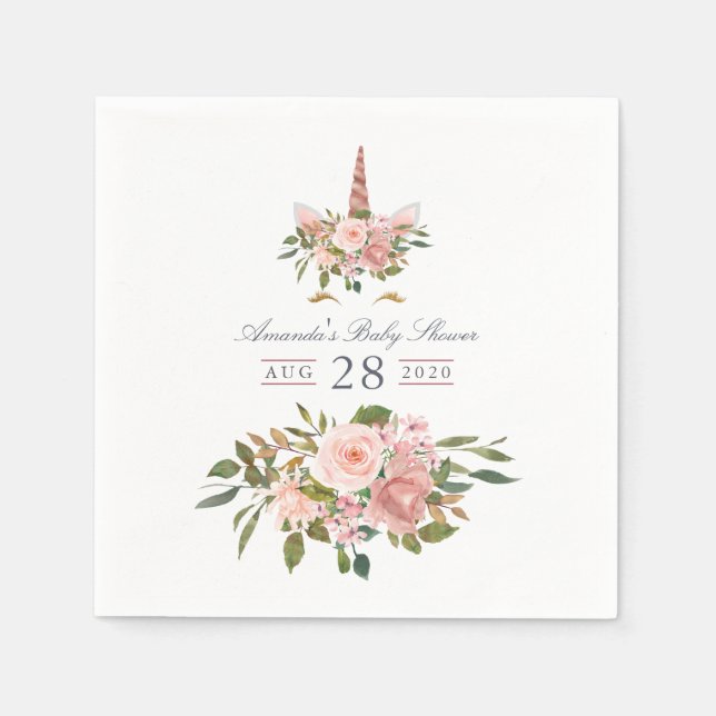 Blush and Rose Gold Floral Unicorn Baby Shower Napkin (Front)
