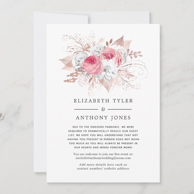 Blush and Rose Gold Reduced Wedding Guest List Announcement (Front)
