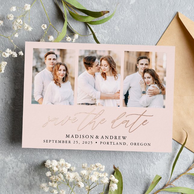 Blush and Rose Gold Script 3 Photo Save The Date (Creator Uploaded)
