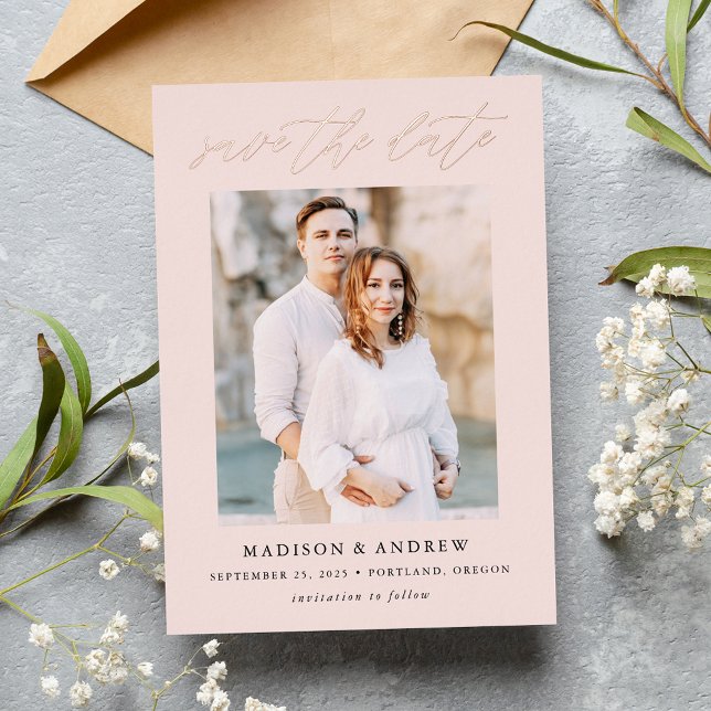 Blush and Rose Gold Script Photo Save the Date (Creator Uploaded)