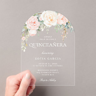 Blush and Sage Floral Quinceanera Arch Acrylic Invitations