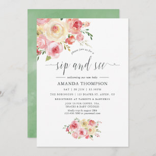 Blush and Sage Green Floral Sip and See Invitation
