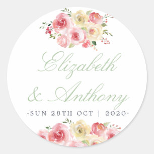 Blush and Sage Green Floral Watercolor Wedding Classic Round Sticker