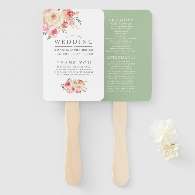 Blush and Sage Green Floral Wedding Program Hand Fan (Front and Back)