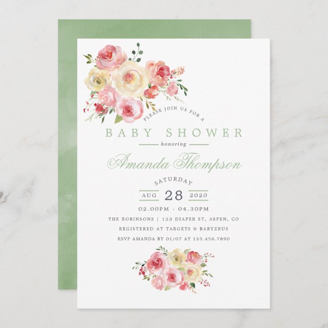Blush and Sage Watercolor Floral Baby Shower Invitation (Front/Back)