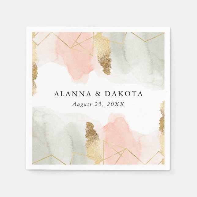 Blush and Sage Watercolor Gold Geometric Wedding Napkin (Front)