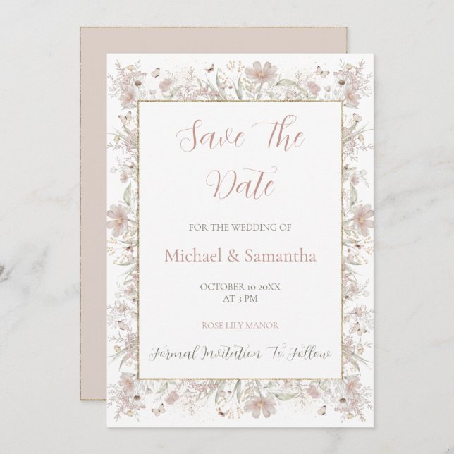 Blush and Sage Wildflower Spring Wedding Save The Date (Front/Back)