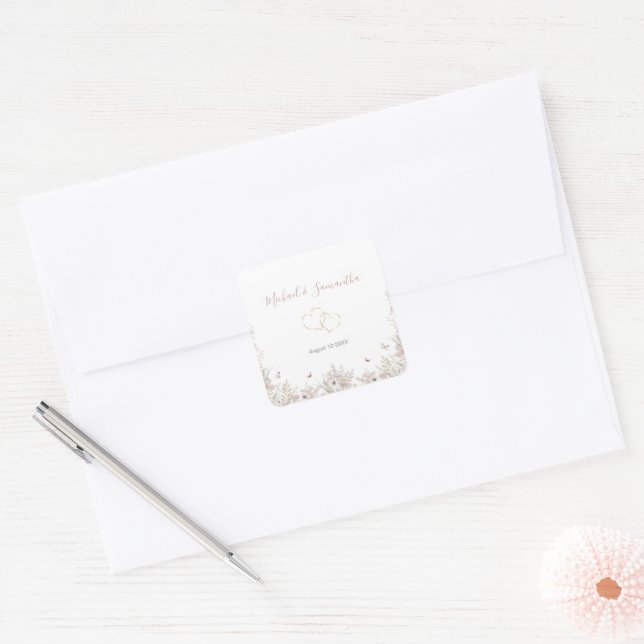Blush and Sage Wildflower Spring Wedding Square Sticker (Envelope)