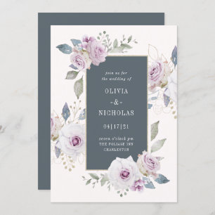 Blush and Soft Violet Floral with Grey   Weddding Invitation