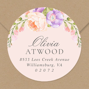 Blush and Violet Bloom Round Return Address Label