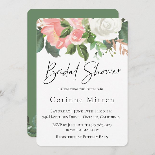 Blush and White Floral Bridal Shower Invitation (Front/Back)
