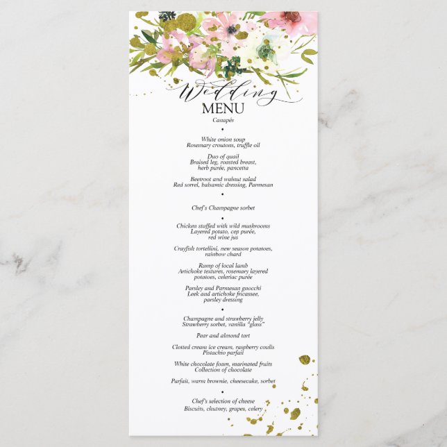 Blush and white roses with gold splashes menu (Front)