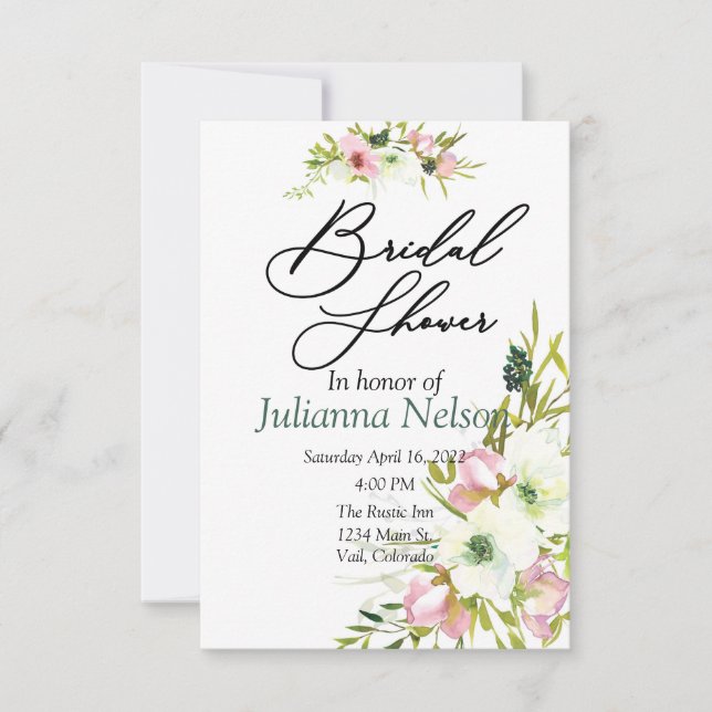 Blush and white watercolor floral  invitation (Front)
