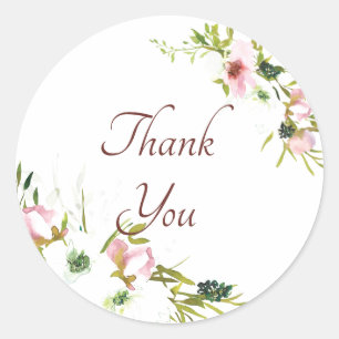 Blush and white watercolor floral thank you clas classic round sticker