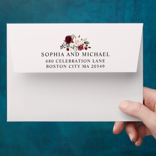 Blush and Wine Floral Return Address Pink Envelope (Hand)