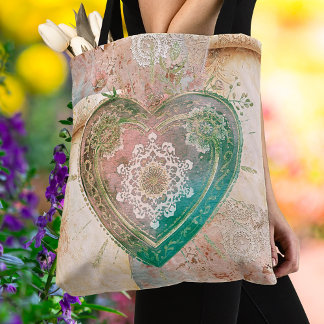 Blush Aqua Baroque Sacred Heart Art Tote Bag