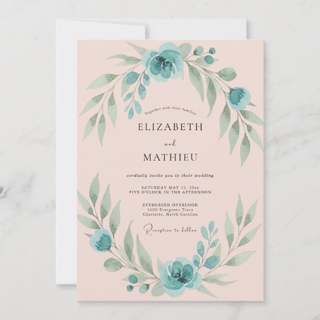 Blush Aqua Foliage Eucalyptus Wedding Invitation (Front)