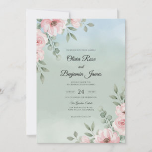 Blush Aqua Leaf Wedding Invitation