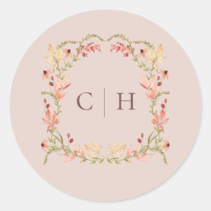 Blush Autumn Wildflower Monogram Wedding Classic Round Sticker