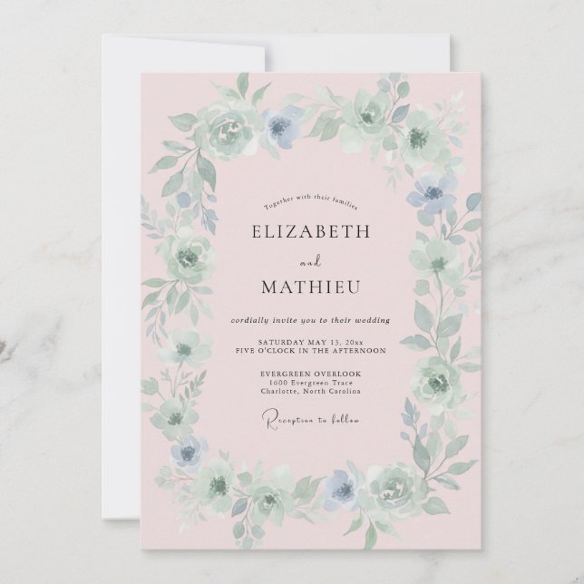 Blush Azure Wreath Wedding Invitation (Front)