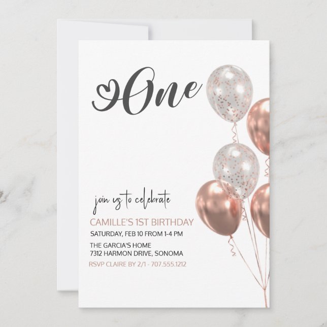 Blush Balloons Girl First Birthday Invitation (Front)