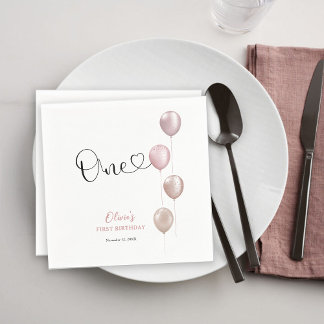Blush Balloons Girl First Birthday Napkin