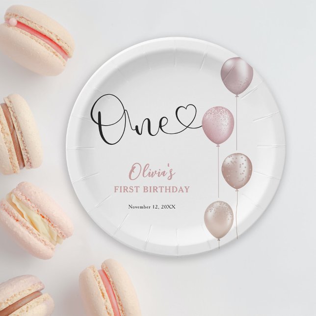 Blush Balloons Girl First Birthday Paper Plate (Creator Uploaded)