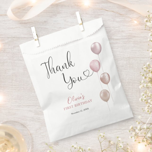 Blush Balloons Girl First Birthday Thank You Favour Bags (Clipped)