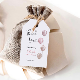 Blush Balloons Girl First Birthday Thank You Gift Tags