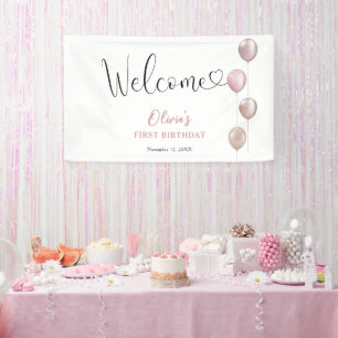Blush Balloons Girl First Birthday Welcome Banner
