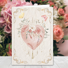 Blush Baroque Floral Sacred Heart Happy Valentines Card